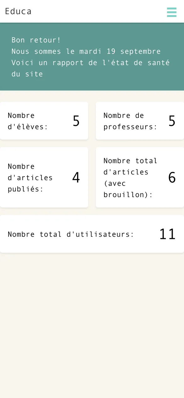 états de santé du site sur la page tableau de bord