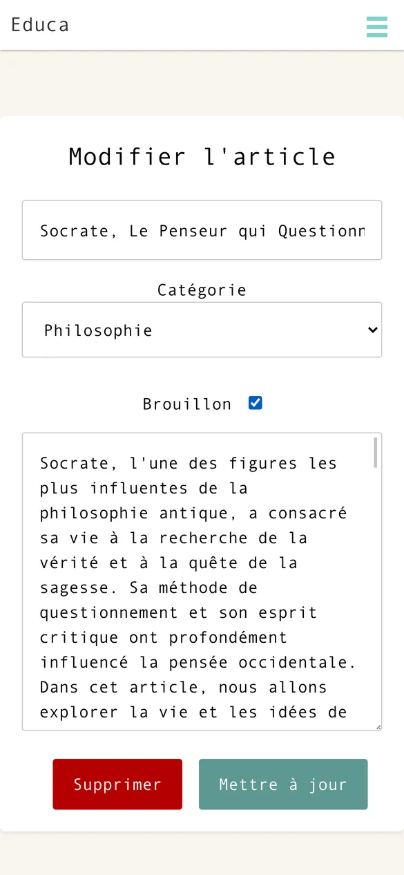 page de modification d'un article par un utilisateur connecté en tant que professeur