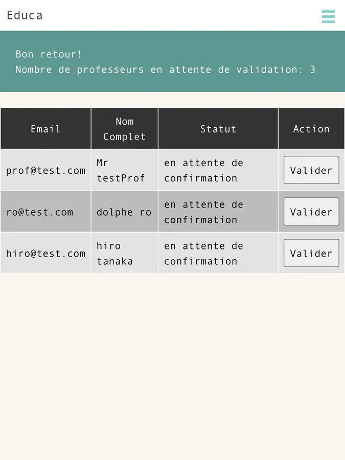page de validation des professeurs par un administrateur